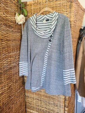Yushi Tunic Top Gray & White Solid & Stripe Boho Cowl Neckline Size Large